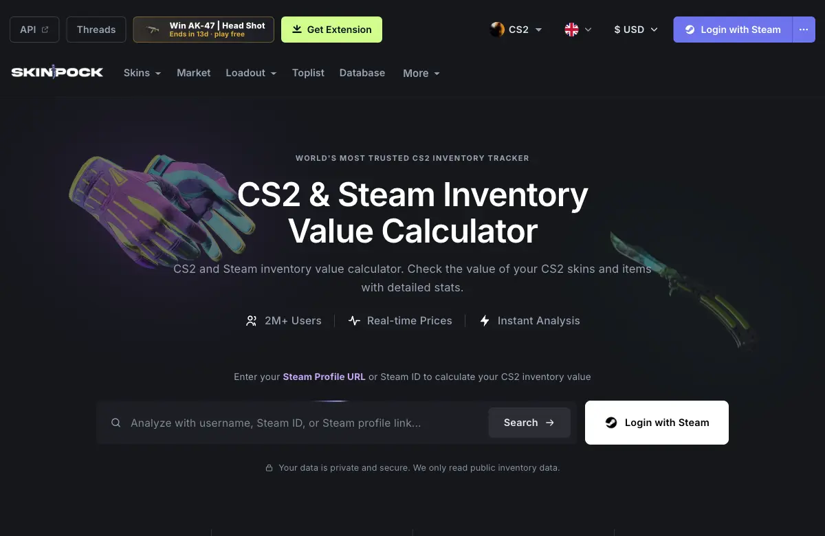 Skinpock Steam inventory calculator with a Steam profile search field and CS2 skin previews